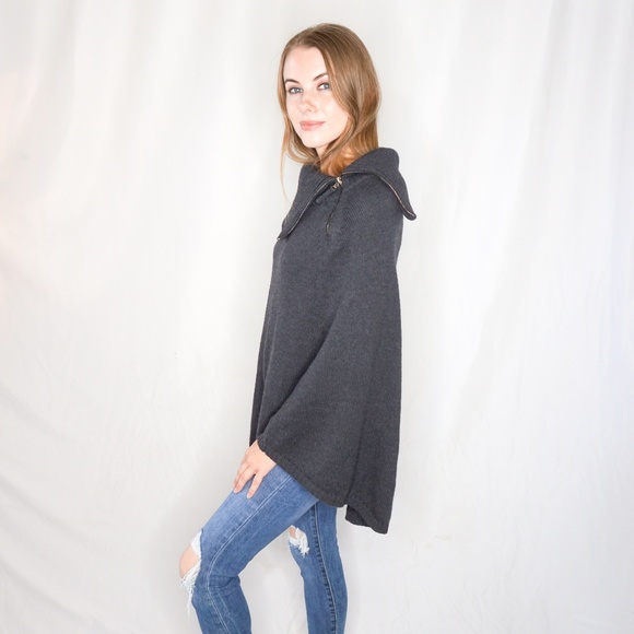 THEORY Grey Zipper Neck Wool Poncho S 751 - Picture 3 of 6